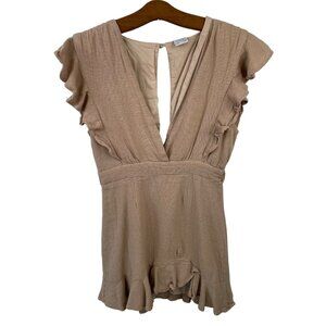 Selfie Leslie Ruffle Top Blouse Size Medium ALine Plunge Cotton Gauze Beige
